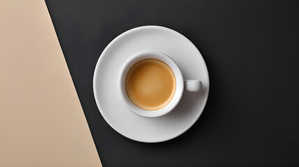Cup of coffee resting on a white saucer on a two toned surface