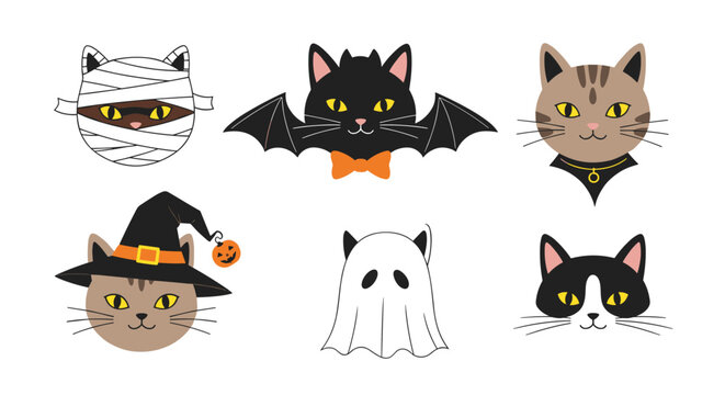 Collection of adorable halloween cats and creatures featuring a mummy cat bat witch cat ghost cat and tabby cats with festive accents