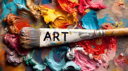 Paintbrush with art written on it lying on colorful palette