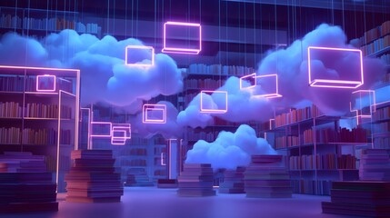 A library filled with books and neon lights. The neon lights are in the shape of boxes and are floating in the air. Scene is bright and colorful, giving off a feeling of excitement and wonder