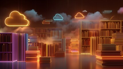 A library filled with books and neon lights. The neon lights are in the shape of boxes and are floating in the air. Scene is bright and colorful, giving off a feeling of excitement and wonder