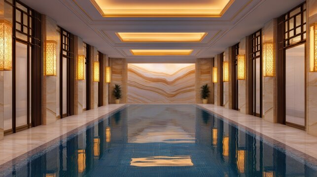Luxurious indoor swimming pool with elegant lighting and marble walls, creating a serene atmosphere