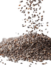 Chia seeds scattering and falling from above on white background