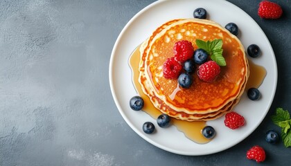 Top View Of Pancakes Topped With Fresh Berries And Maple Syrup On A Grey Plate: Delicious Breakfast Treat!