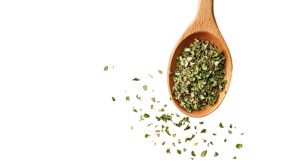 Chopped dry oregano falling from wooden spoon on transparent background