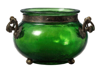 Emerald-green glass bowl with ornate metal handles and base