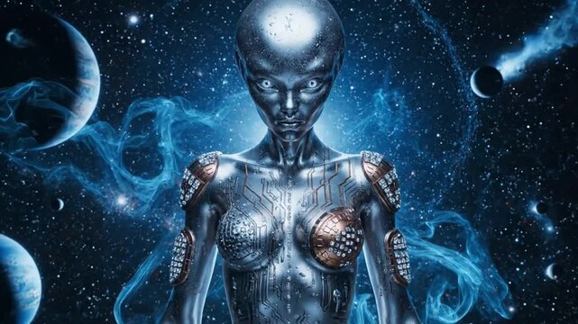 Cosmic Being A Futuristic Vision of an Alien Goddess in a Starry Galaxy