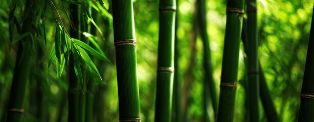 Obraz premium The Bamboo Stalks Rising in a Sunlit Lush Green Forest Creating Tranquil Mood