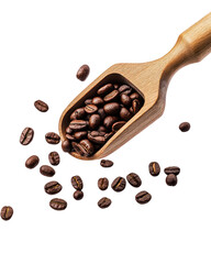 Obraz premium Coffee beans falling from a wooden scoop on a transparent background