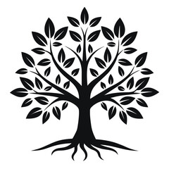 Obraz premium Silhouette of Tree with Roots, Branches and Leaves on White Background