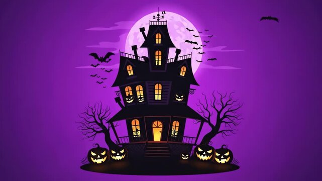 Halloween Haunted House Night Scene - A spooky cartoon haunted house with glowing pumpkin jack-o'-lanterns sits under a full moon on a purple Halloween night, surrounded by bats and bare trees.