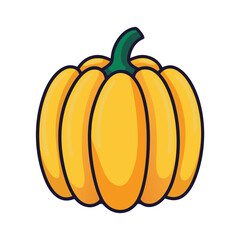 Simple cartoon illustration of a yellow pumpkin with a green stem on a white background squash