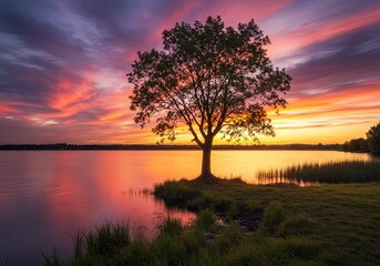 Fototapeta premium Witness the breathtaking beauty of a vibrant sunset casting a warm glow over a tranquil lake, with a solitary tree silhouetted against a dramatic, colorful sky.