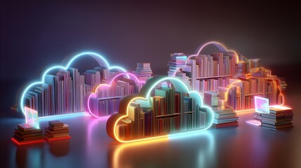 A library filled with books and neon lights. The neon lights are in the shape of boxes and are floating in the air. Scene is bright and colorful, giving off a feeling of excitement and wonder