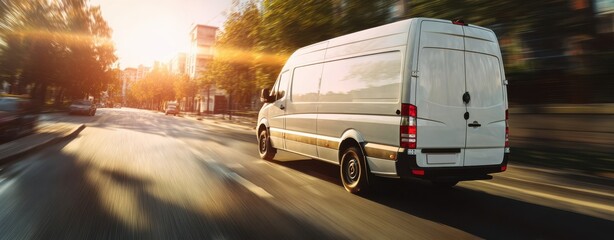 The van speeding through a city street at sunset with motion blur