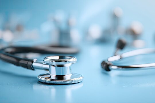 Close-up of a stethoscope on a light-blue surface, with blurred medical instruments in the background