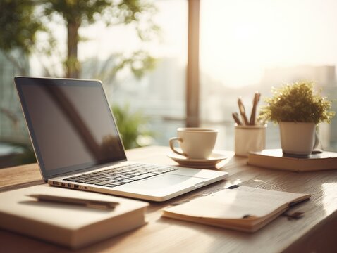 A laptop, coffee cup, and book on a wooden desk near a window with natural sunlight, creating a serene workspace