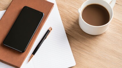 A cozy workspace featuring a smartphone, notebook, pen, and a cup of coffee on a wooden table