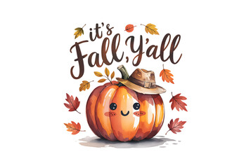 Cute watercolor pumpkin with cowboy hat and fall leaves isolated on transparent background, perfect for autumn designs