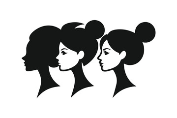 Stylized Black and White Illustration of Three Women Silhouettes with Hair Buns Looking Right