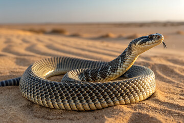 Fototapeta premium An alert hognose snake is coiled on rippled desert sand, flicking its tongue. This wildlife portrait captures the beautiful reptile in its natural, arid habitat. Generative Ai.