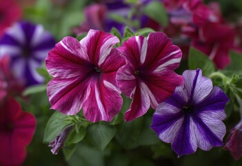 Close-up of vibrant purple and pink striped petunias.