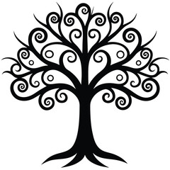 Obraz premium Stylized Black Tree Silhouette with Swirling Branches and Circular Details, Isolated on White