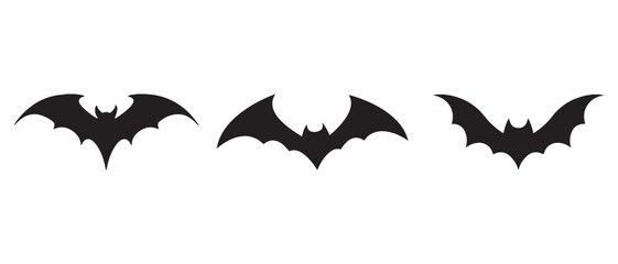 Flying Bat Silhouette Set. Black Halloween Icons for Spooky, Gothic, and Minimalist Design Projects.