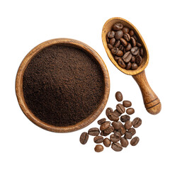 Obraz premium Flat lay of ground coffee in a wooden bowl next to whole beans on transparent background