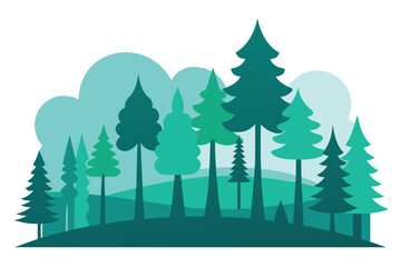 Fototapeta premium Teal and Green Forest Illustration Featuring Evergreen Trees with Background Hills and Clouds