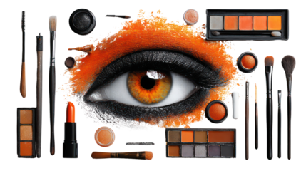 Flat lay of vibrant makeup products and tools creatively arranged on transparent background