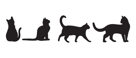 Black Cat Silhouette Set. Sitting and Walking Feline Icons for Pet, Halloween, and Minimalist Designs.