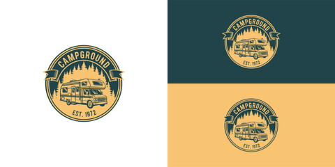 A vintage RV park logo featuring a classic RV icon and pine trees. The emblem's rustic style and colors embody the timeless spirit of outdoor adventure.