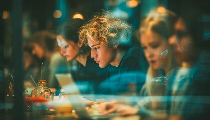 Young adults focused on their devices in a cozy cafe setting
