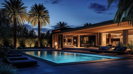 Fototapeta premium Luxury modern home with swimming pool at night offering serene and relaxing atmosphere