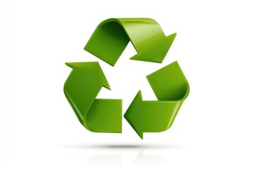 Obraz premium Glossy 3D recycling symbol, vibrant green arrows forming a loop against a stark white backdrop with a subtle shadow and reflection