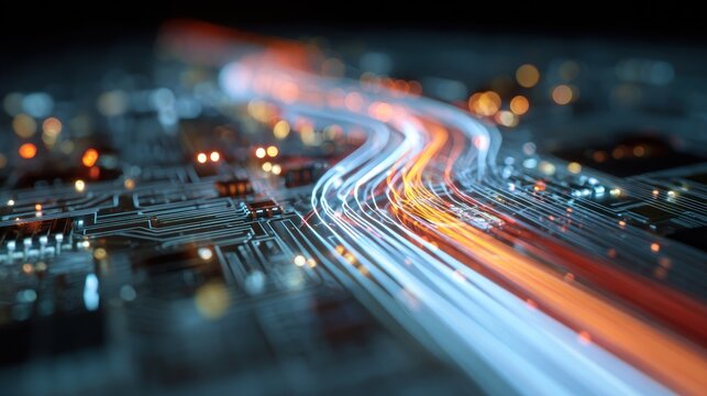 Circuit board with glowing light trails