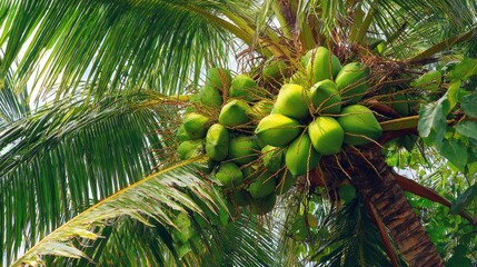 Fototapeta premium Coconut harvesting action tropical paradise nature photography lush environment upward view sustainable agriculture concept