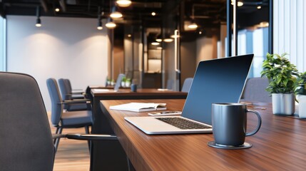 Modern office workspace featuring a laptop, coffee cup, and plants, with bright lighting and minimal decor
