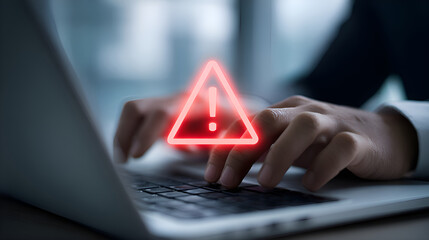 Businessman typing on laptop with warning sign