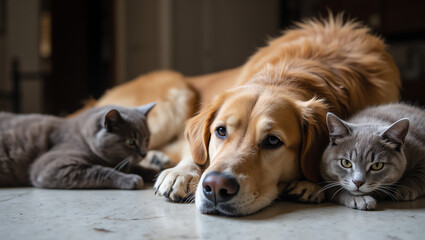 Golden retriever lying on the floor with two gray cats, captured in highly detailed, realistic 8K photography, award-winning composition, showcasing pet harmony and lifelike textures.