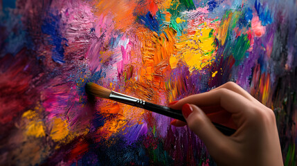 A vibrant painting session where an individual uses bold strokes and bright colors to express joy and freedom in art therapy.