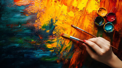 A vibrant painting session where an individual uses bold strokes and bright colors to express joy and freedom in art therapy.