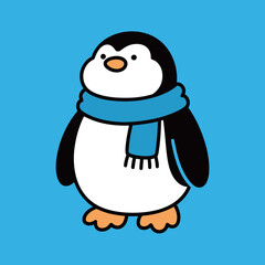A cute and chubby cartoon penguin wearing a blue scarf, perfect for winter, holidays, and cheerful animal themes.