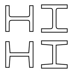 Cross-section H-beam or I-beam line icon set. Steel bar profile beam icon. 2d steel rod bar straight. Single image stroke solid fill outline contour line thin flat style.Vector illustration