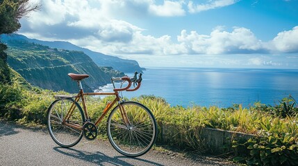 Vintage bicycle on scenic coastal road offering breathtaking ocean views and tranquility perfect