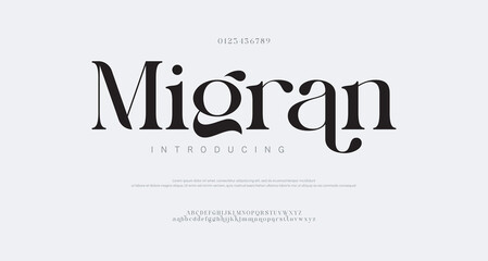 Migran Modern minimal abstract alphabet fonts. Typography technology, electronic, movie, digital, music, future, logo creative font.  © One Hundred