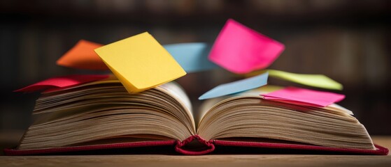 The Book with Colorful Sticky Notes Marking Pages for Study and Organization