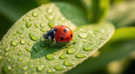 Fototapeta premium Ladybug on Leaf with Water Droplets