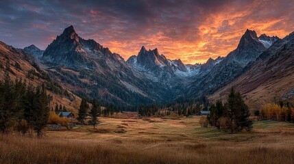 Obraz premium Majestic mountain range at sunset with golden light illuminating the peaks and a valley filled with dry grass and autumn trees